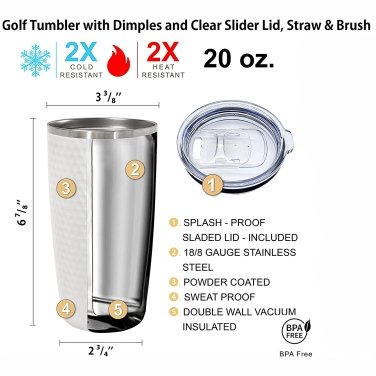 Polar Camel 20 oz. White Golf Dimpled Tumbler with Slider Lid - HOT TOPS GRAPHICS-Golf Tumbler